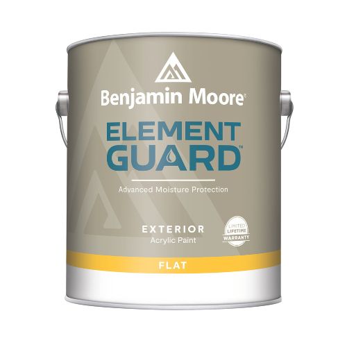 Benjamin Moore Element Guard Flat, exterior paint, weather-resistant, durable protection.