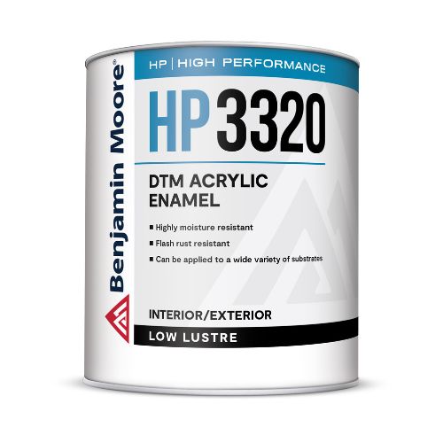 Benjamin Moore DTM Acrylic Enamel, low-luster finish, durable, direct-to-metal protection.