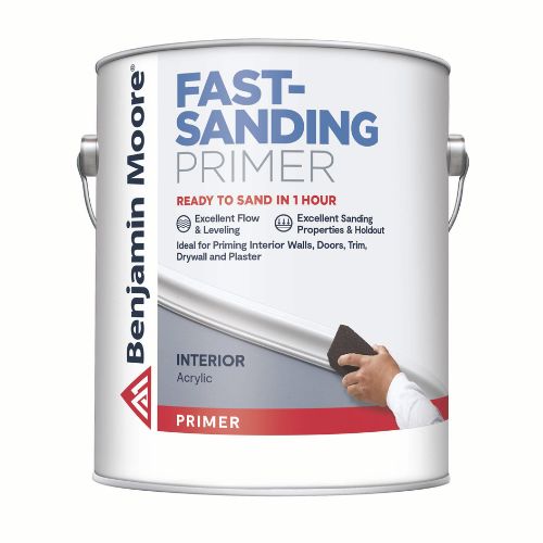 Benjamin Moore Fast Sanding Primer, interior/exterior, fast drying, smooth sanding finish.