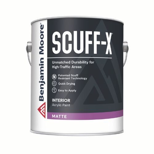 Benjamin Moore SCUFF-X Matte, scuff-resistant, quick-drying interior paint for high-traffic areas.
