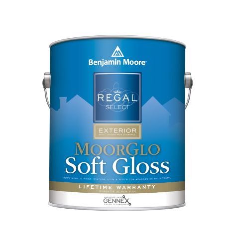 A can of Benjamin Moore Regal Select Exterior Moorglo Soft Gloss paint, blue label, lifetime warranty.
