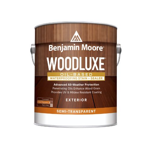 A can of Benjamin Moore Woodluxe Oil-Base Waterproofer Sealer, exterior semi-transparent, wood-tone label.