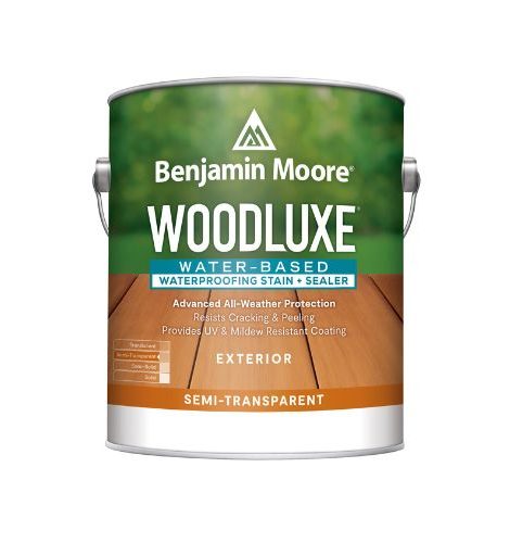 A can of Benjamin Moore Woodluxe Water-Base Waterproofer, exterior semi-transparent, green and wood label.