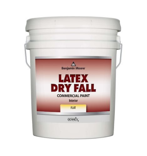 A can of Benjamin Moore Latex Dry Fall Commercial Paint, interior flat finish, in white with a red label.