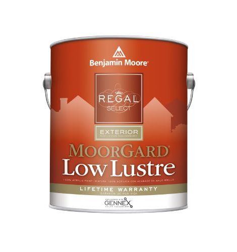 A can of Benjamin Moore Regal Select Exterior Moorgard Low Lustre paint, red label, lifetime warranty.