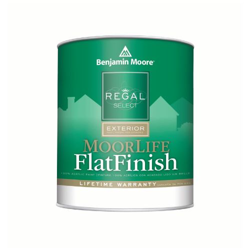 A can of Benjamin Moore Regal Select Exterior Moorlife Flat Finish paint, green label, lifetime warranty.