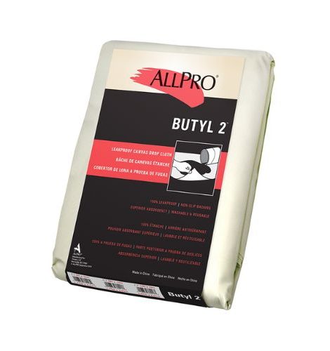 DROP COVERS - BUTYL, ALLPRO Butyl 2 leakproof drop cloth, in clear packaging, for painting protection.
