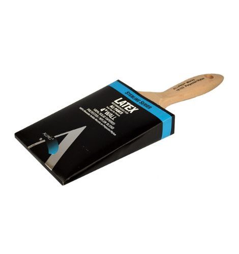 Moray Nylon/Poly Wall Brush, a latex paintbrush with wooden handle, packaged in a black and blue box, ideal for wall painting.