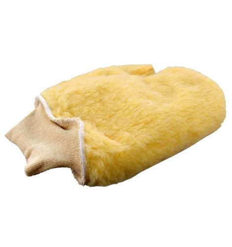 PROFESSIONAL PAINTER’S MITT, yellow fuzzy painting mitt with beige cuff, for easy paint application.