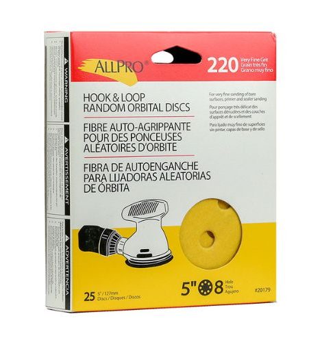 Premium Hook & Loop Random Orbital Discs, ALLPRO 5" 8-hole sanding discs, 25-pack, in a box.