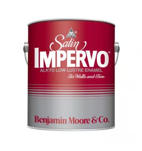 A can of Benjamin Moore Satin Impervo Alkyd Low Lustre Enamel for walls and trim, red label, silver can.