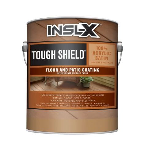 A can of INSL-X Tough Shield Floor and Patio Coating, 100% acrylic satin, brown label, for interior/exterior.