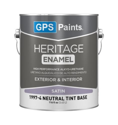 GPS Paints Heritage Enamel satin paint can, neutral tint base, interior and exterior enamel for smooth durable finishes