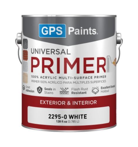 GPS Paints Universal Primer can, 100% acrylic interior and exterior primer for wood, masonry, drywall, and metal surfaces