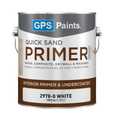 GPS Paints Quick Sand Primer interior can, fast-drying white primer for smooth wood, drywall, and masonry surfaces